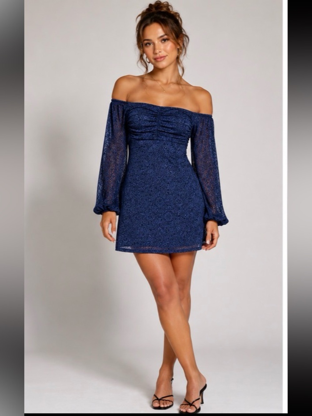 Live To Be Spoiled | Fall Navy Damask Print Off-Shoulder Long Sleeve Mini Dress